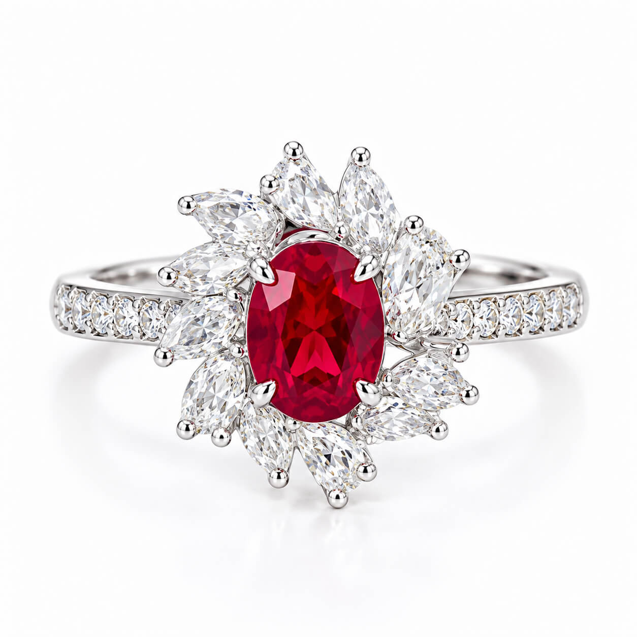 Halo setting oval cut lab grown ruby engagement ring