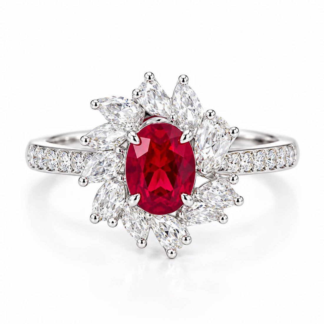 Halo setting oval cut lab grown ruby engagement ring