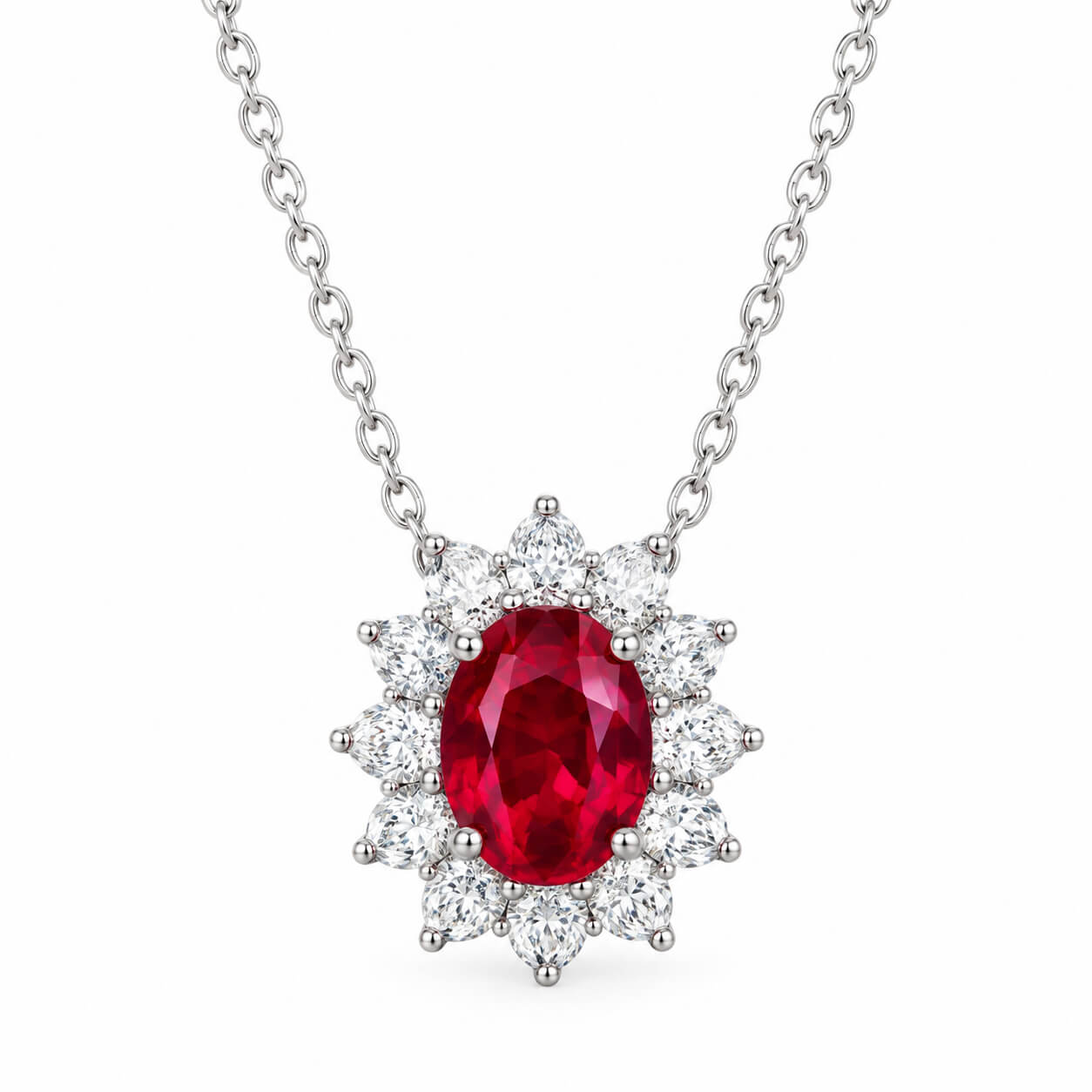 Halo setting oval cut lab grown ruby pendant necklace