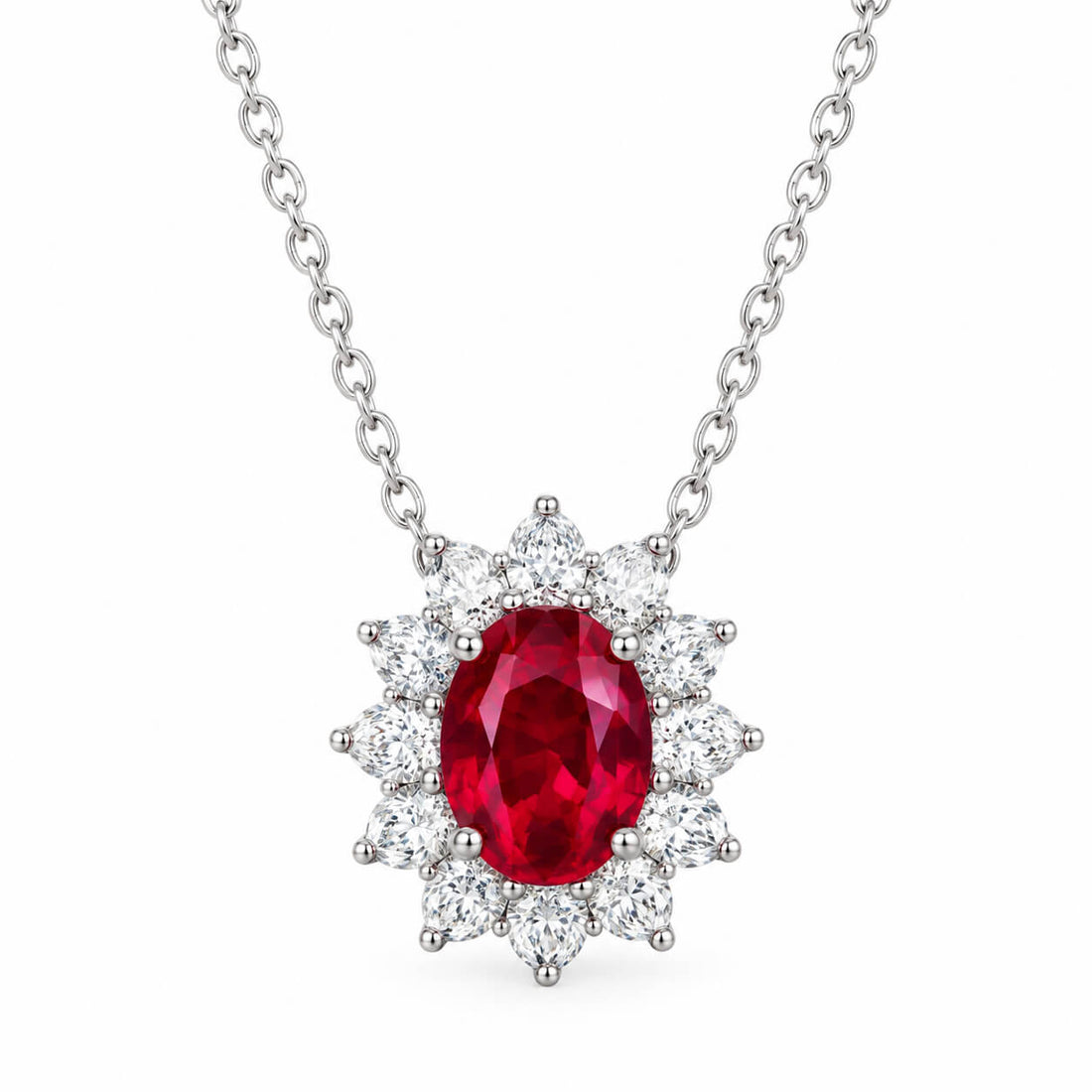 Halo setting oval cut lab grown ruby pendant necklace