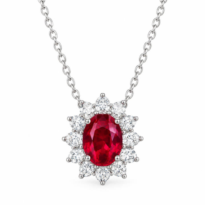 Halo setting oval cut lab grown ruby pendant necklace