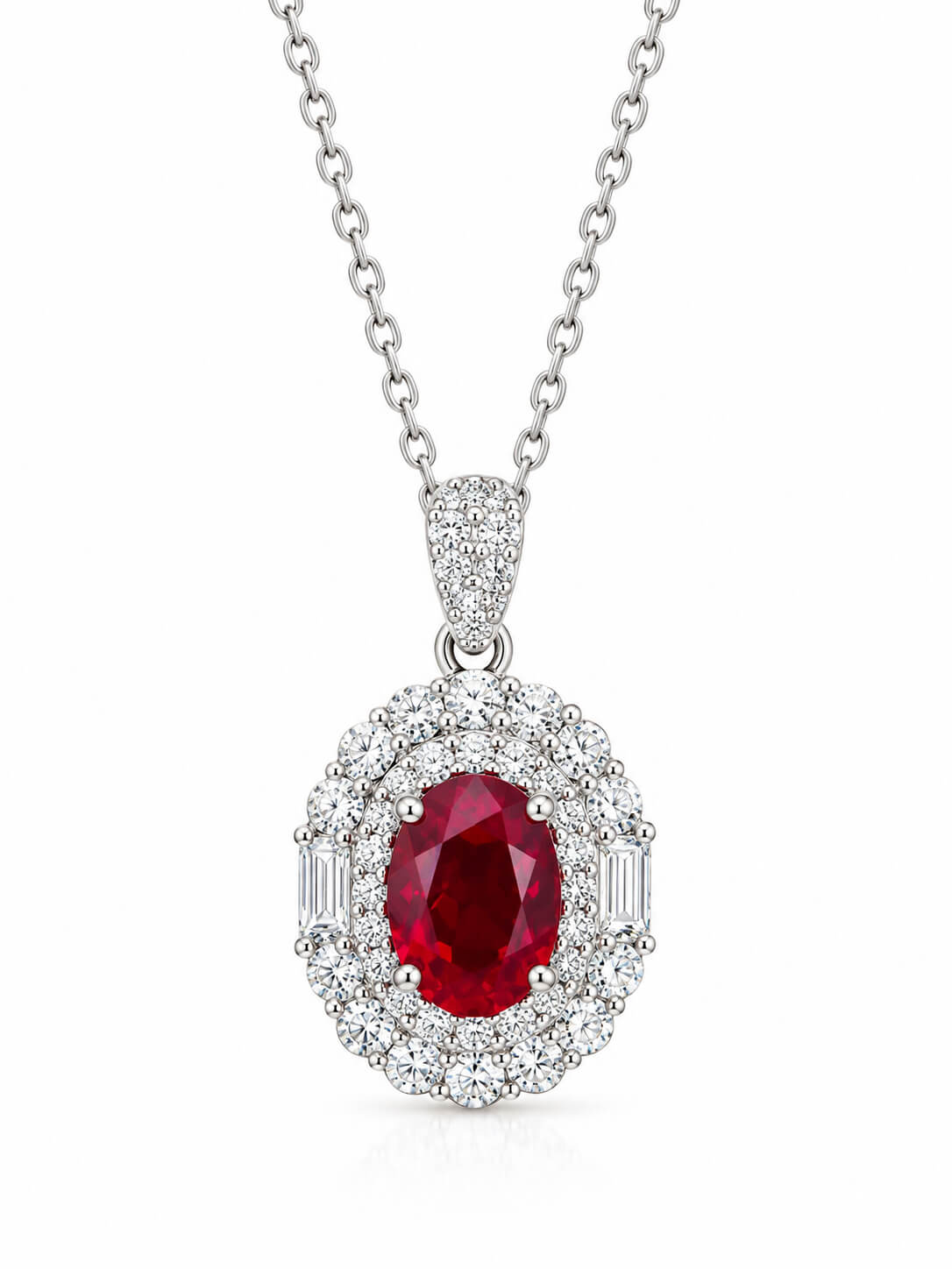 Halo setting oval cut lab grown ruby pendant necklace