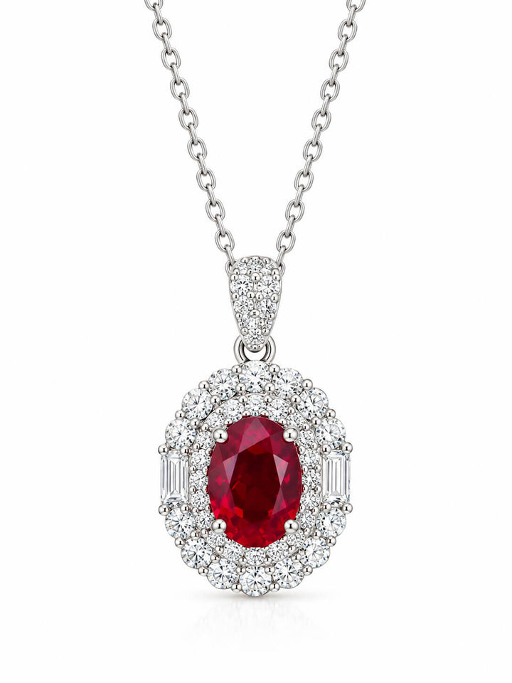 Halo setting oval cut lab grown ruby pendant necklace