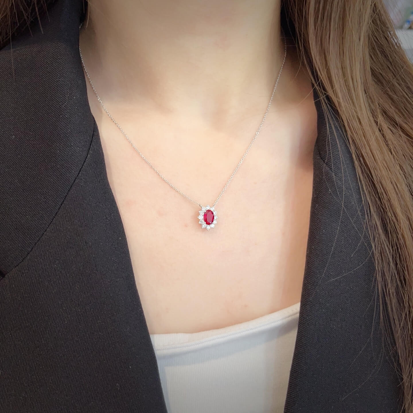 Halo setting oval cut lab grown ruby pendant necklace