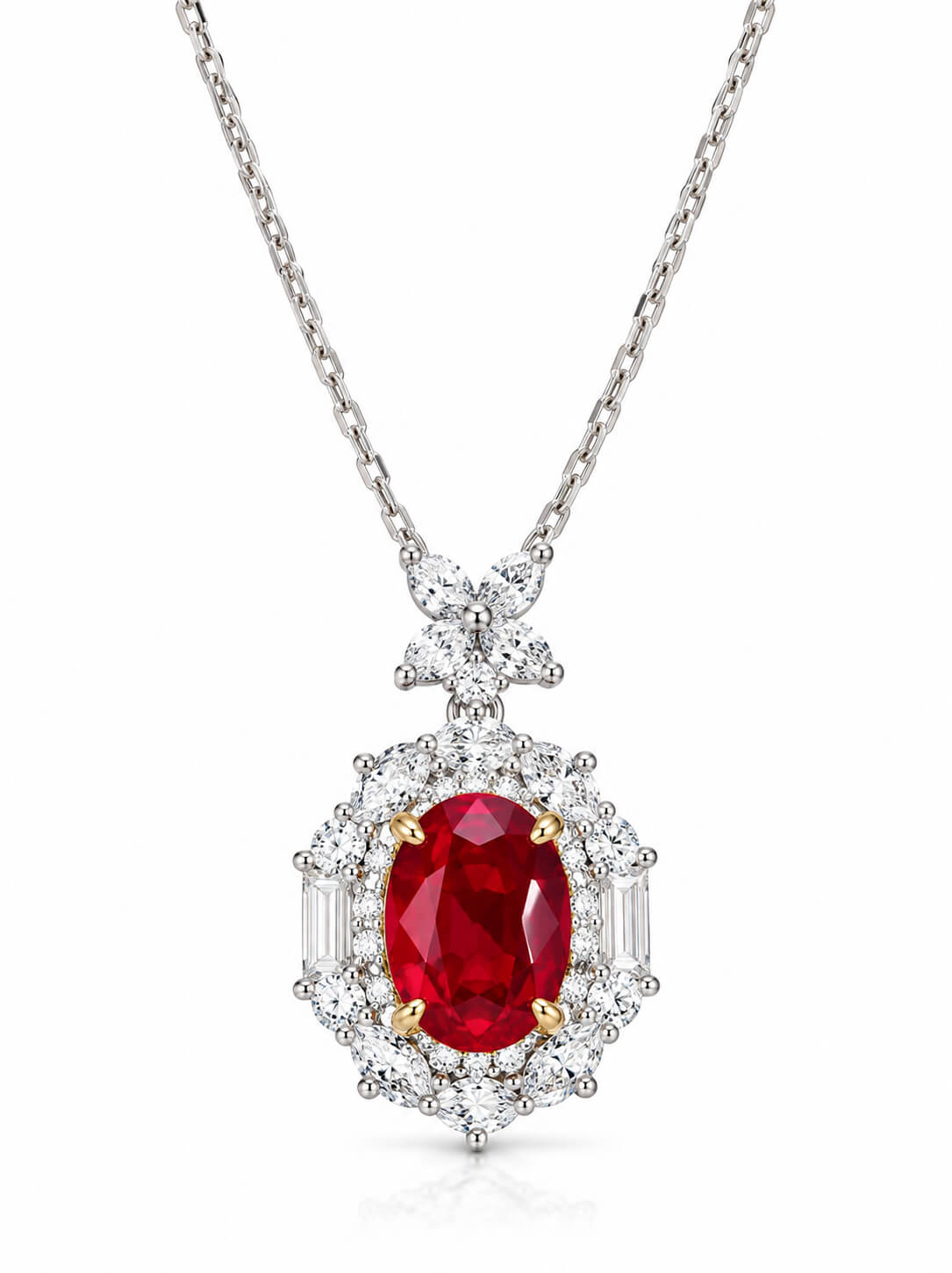 Halo setting oval cut lab grown ruby pendant necklace
