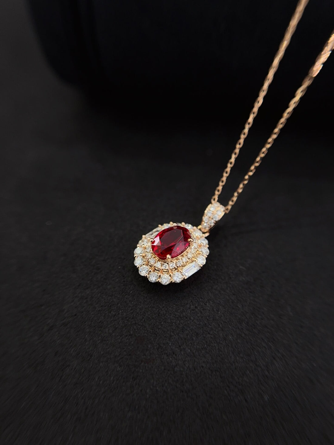 Halo setting oval cut lab grown ruby pendant necklace