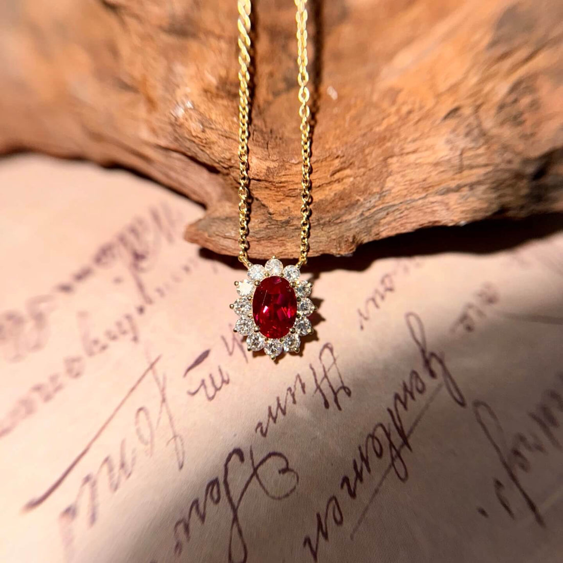 Halo setting oval cut lab grown ruby pendant necklace