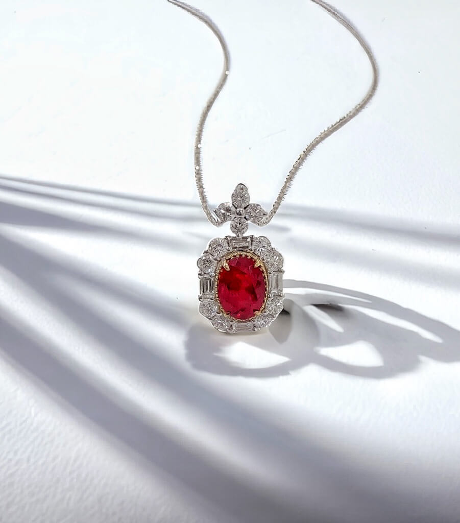 Halo setting oval cut lab grown ruby pendant necklace