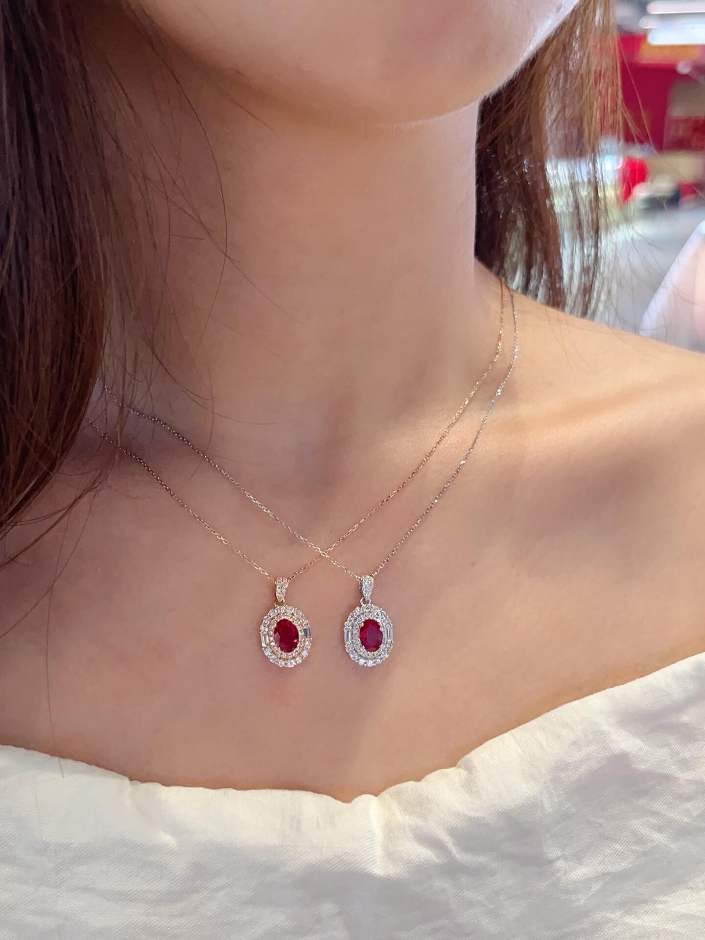 Halo setting oval cut lab grown ruby pendant necklace
