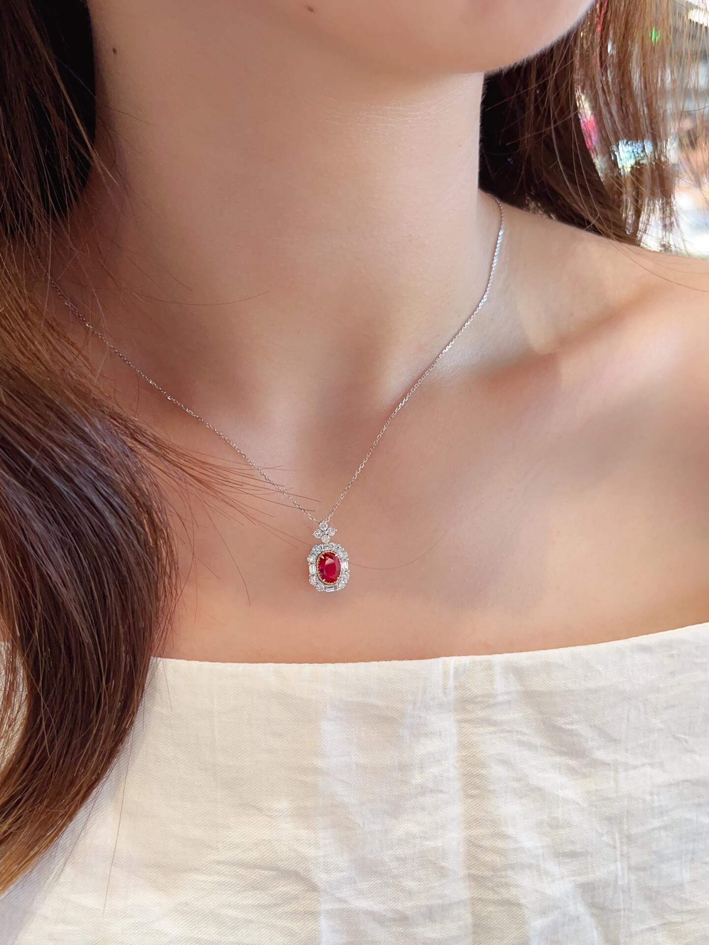Halo setting oval cut lab grown ruby pendant necklace