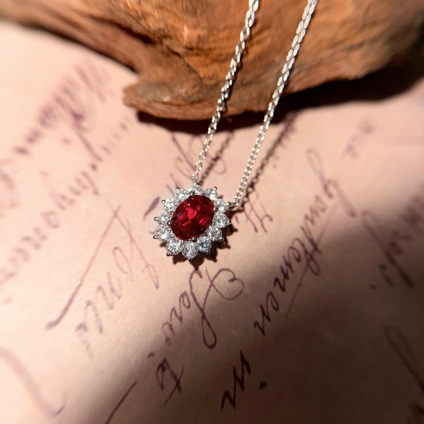 Halo setting oval cut lab grown ruby pendant necklace