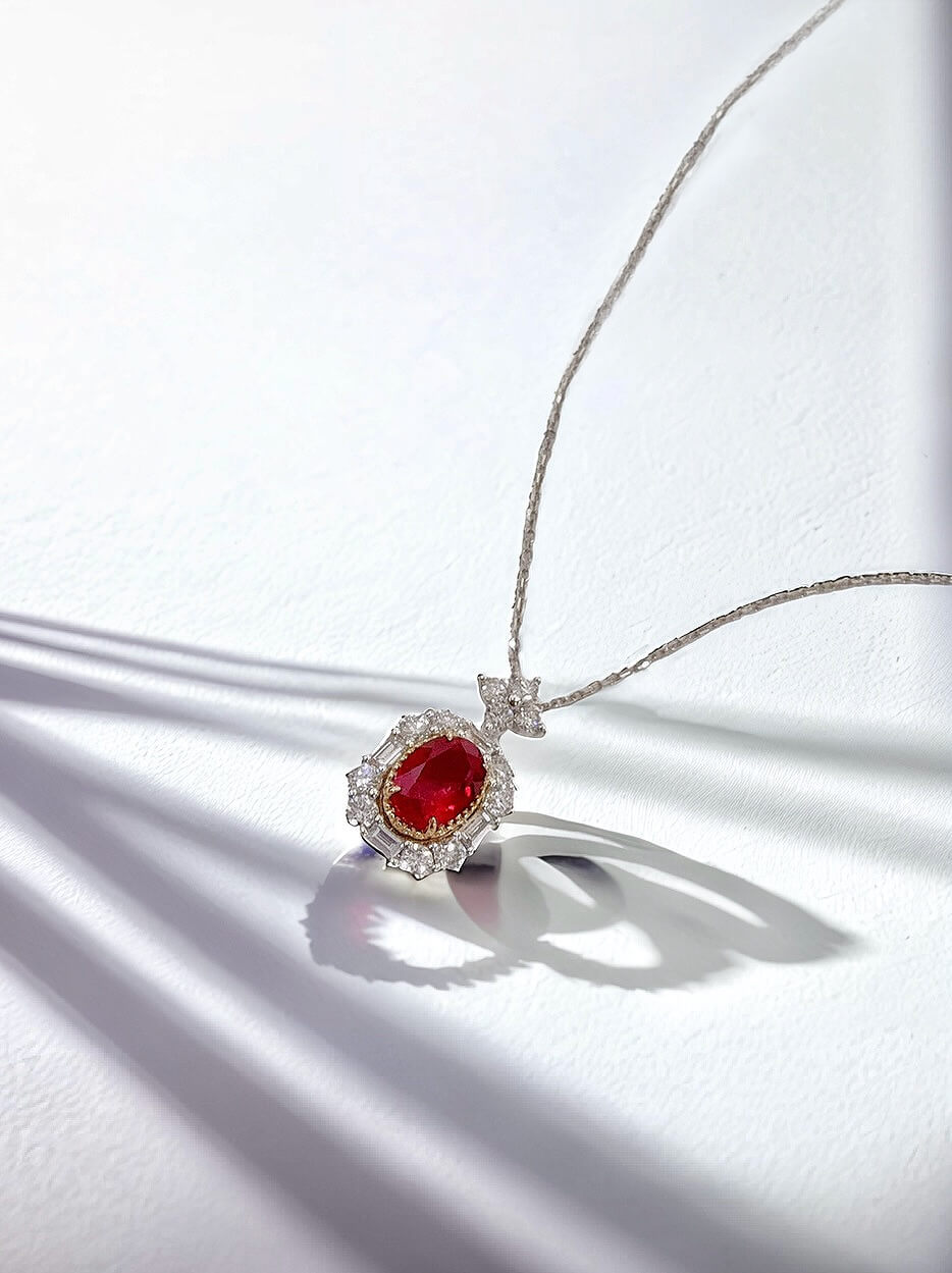 Halo setting oval cut lab grown ruby pendant necklace