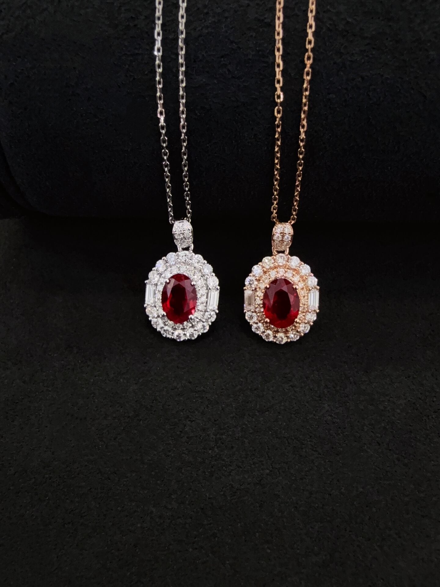 Halo setting oval cut lab grown ruby pendant necklace