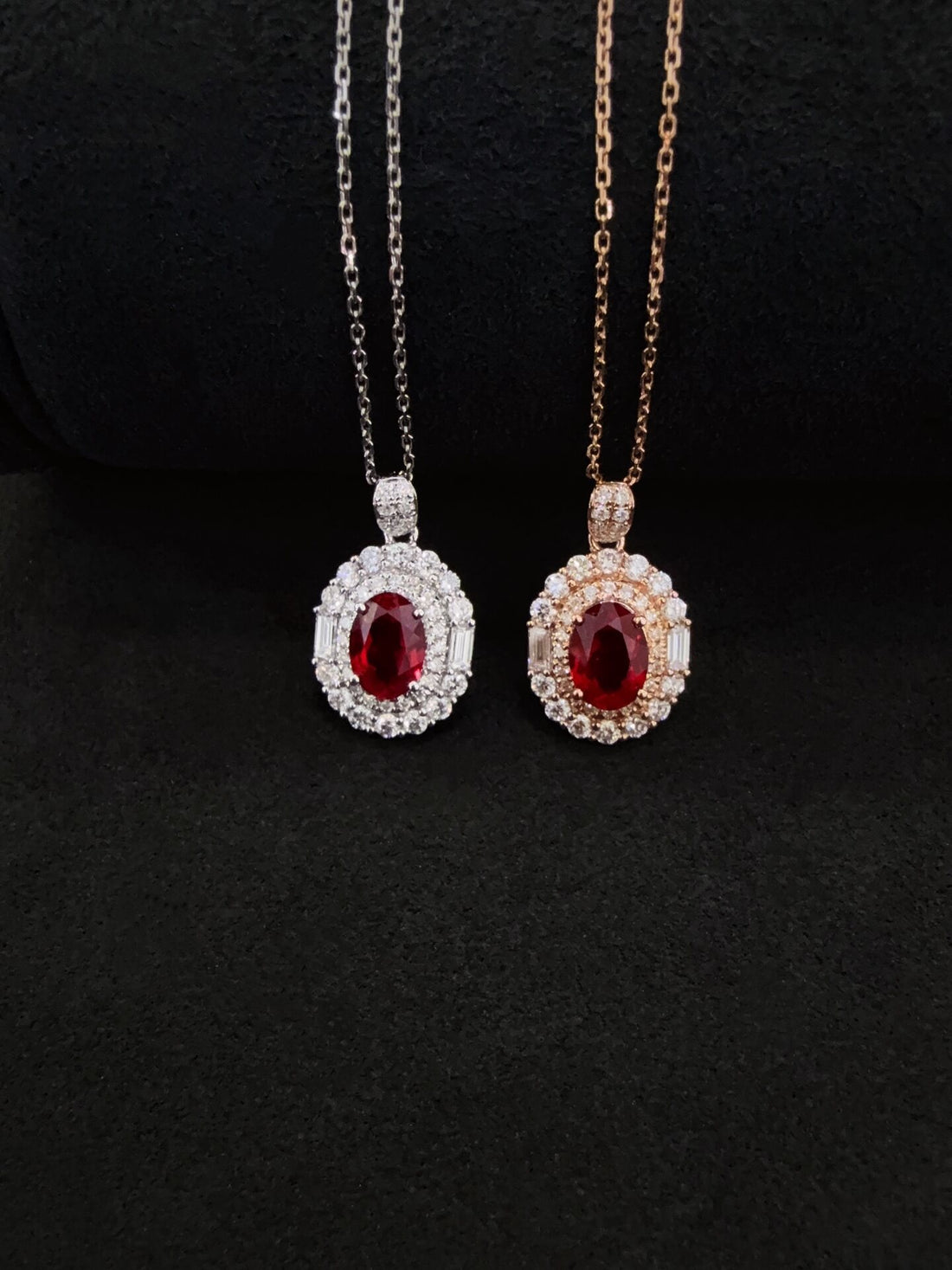 Halo setting oval cut lab grown ruby pendant necklace