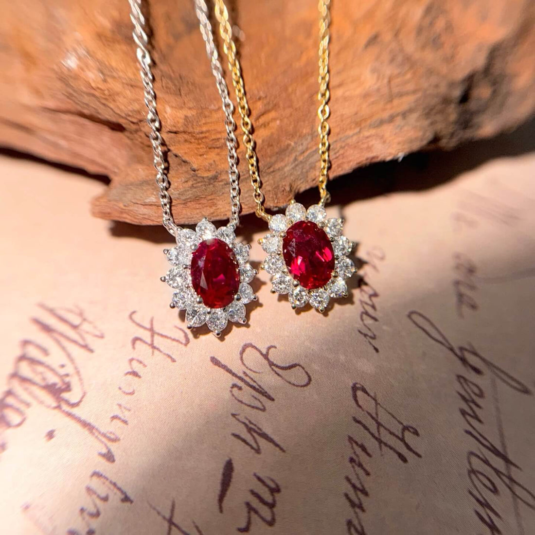 Halo setting oval cut lab grown ruby pendant necklace