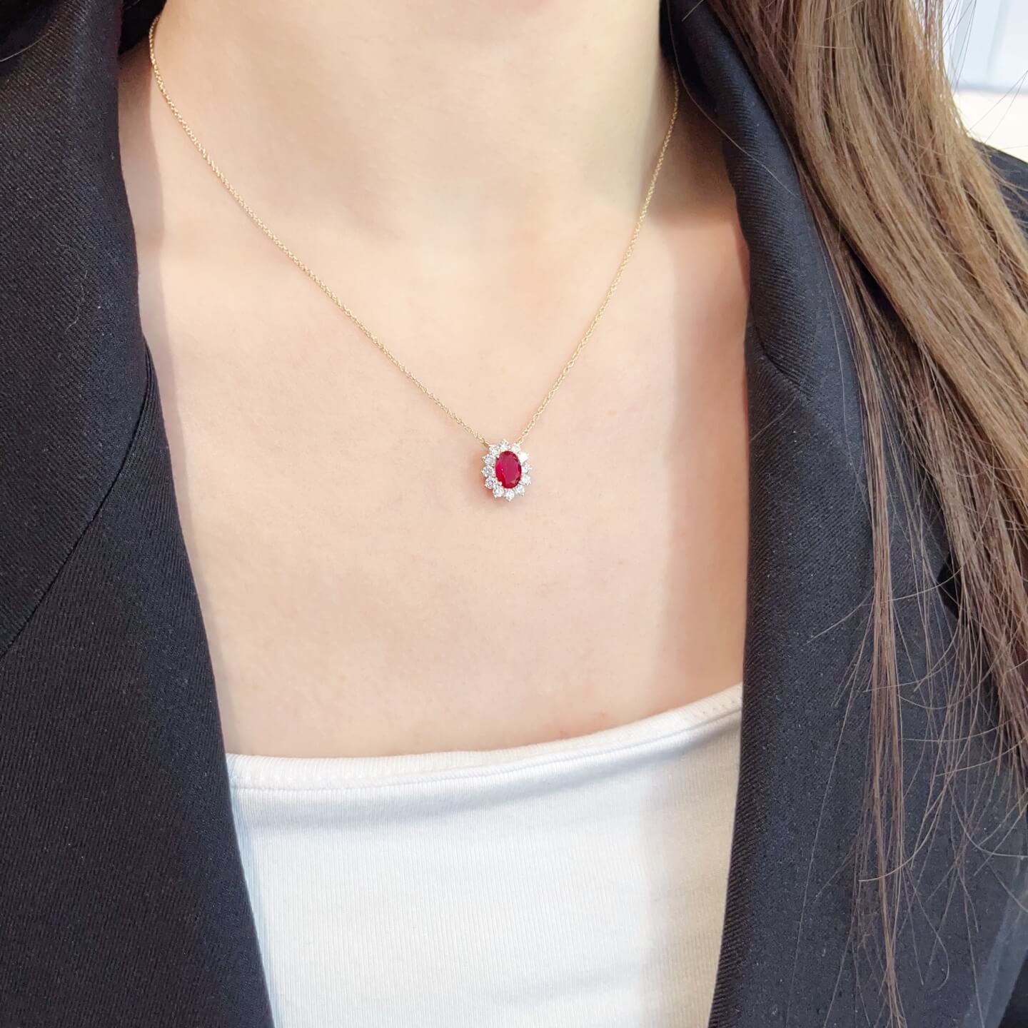 Halo setting oval cut lab grown ruby pendant necklace