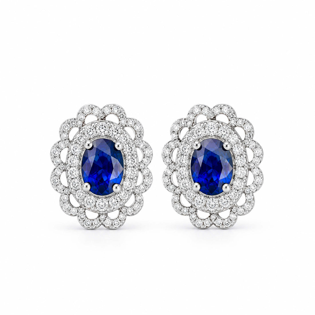 Halo setting oval cut lab grown sapphire earrings stud