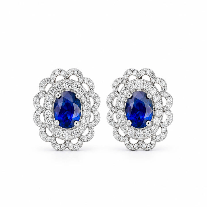 Halo setting oval cut lab grown sapphire earrings stud