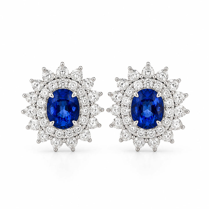Halo setting oval cut lab grown sapphire earrings stud