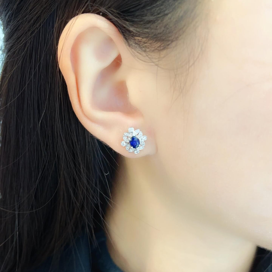 Halo setting oval cut lab grown sapphire earrings stud