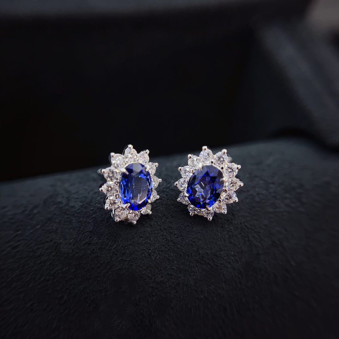Halo setting oval cut lab grown sapphire earrings stud