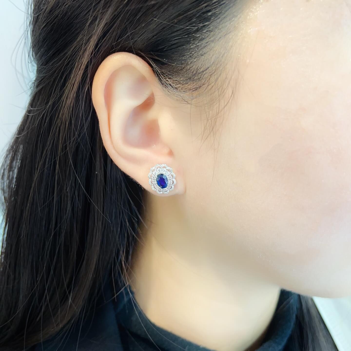 Halo setting oval cut lab grown sapphire earrings stud