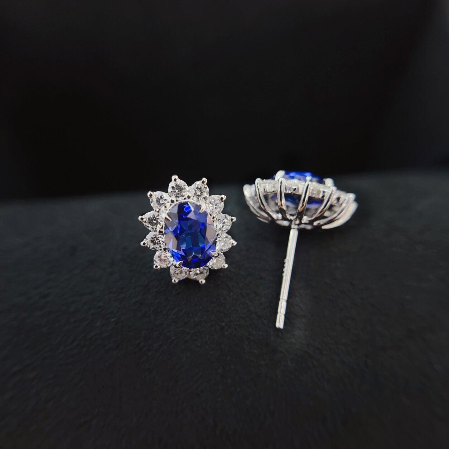 Halo setting oval cut lab grown sapphire earrings stud