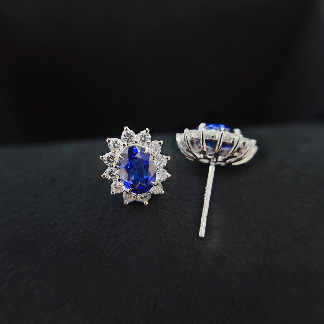 Halo setting oval cut lab grown sapphire earrings stud
