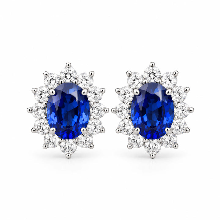 Halo setting oval cut lab grown sapphire earrings stud