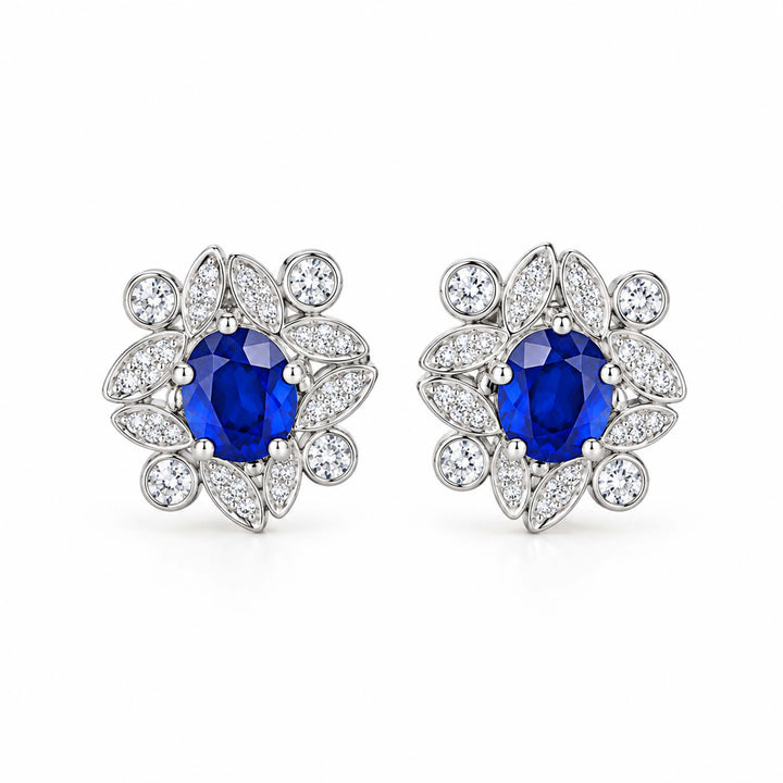 Halo setting oval cut lab grown sapphire earrings stud