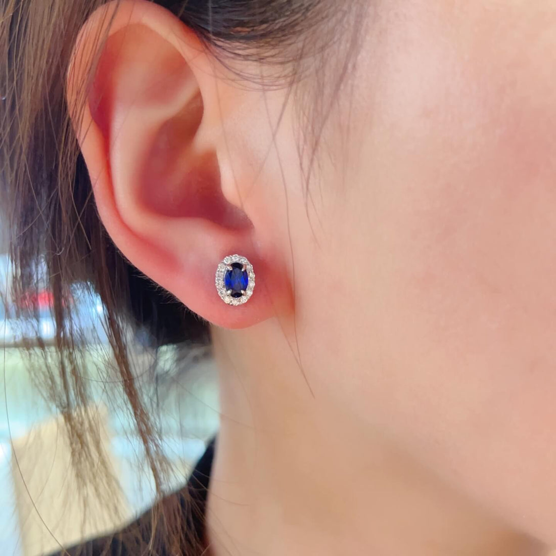 Halo setting oval cut lab grown sapphire earrings stud