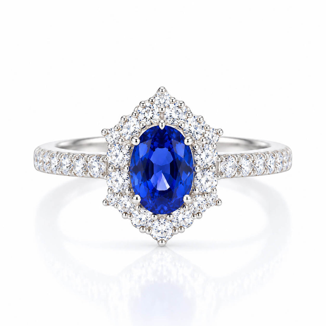 Halo setting oval cut  lab grown sapphire engagement ring