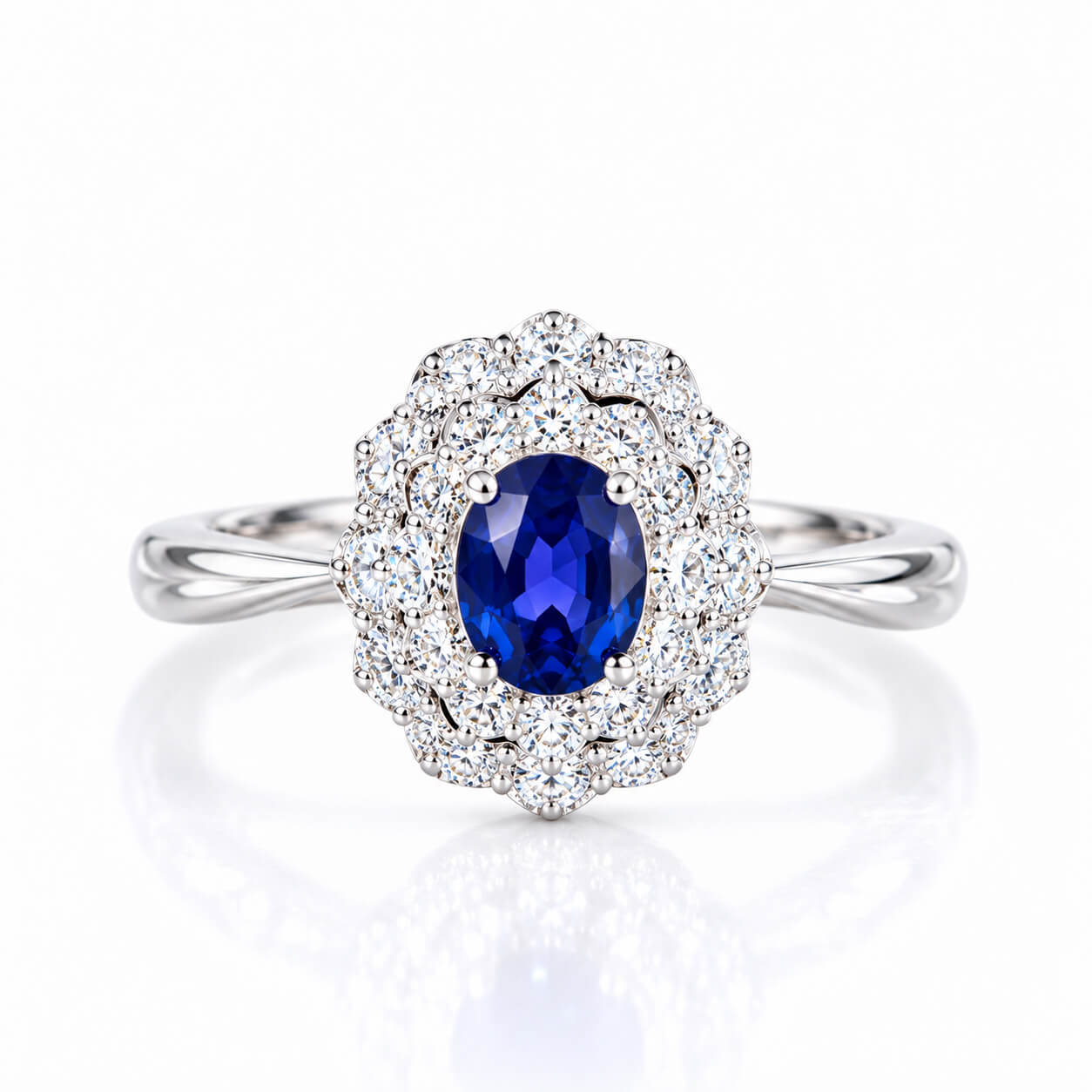 Halo setting oval cut  lab grown sapphire engagement ring