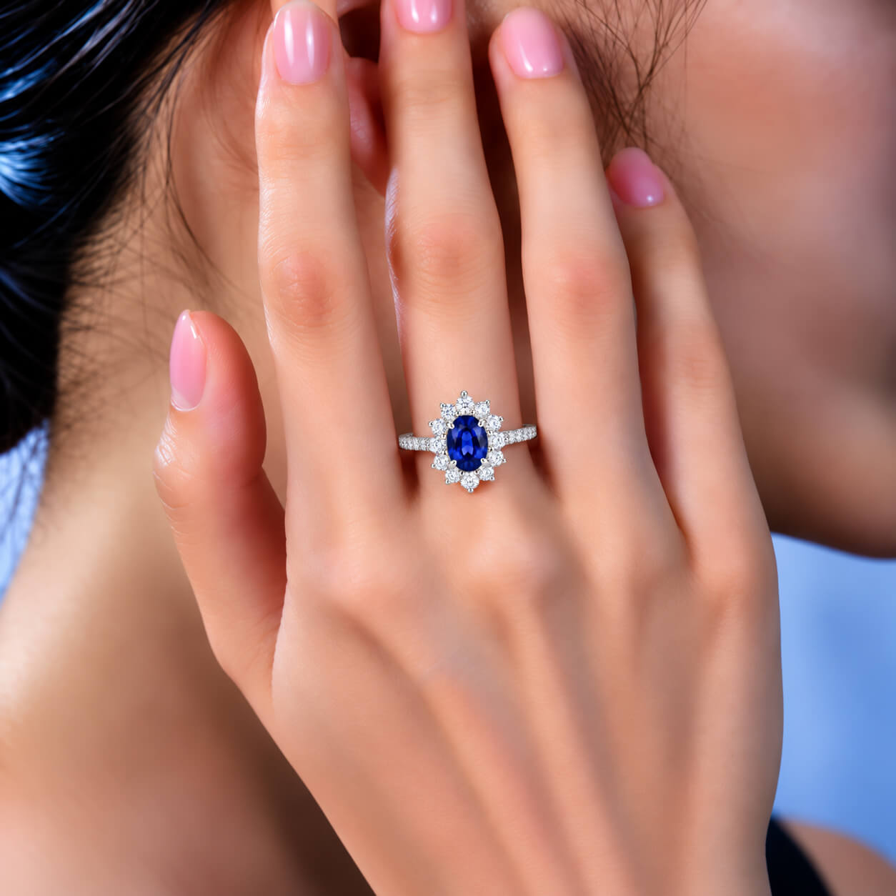 Halo setting oval cut  lab grown sapphire engagement ring