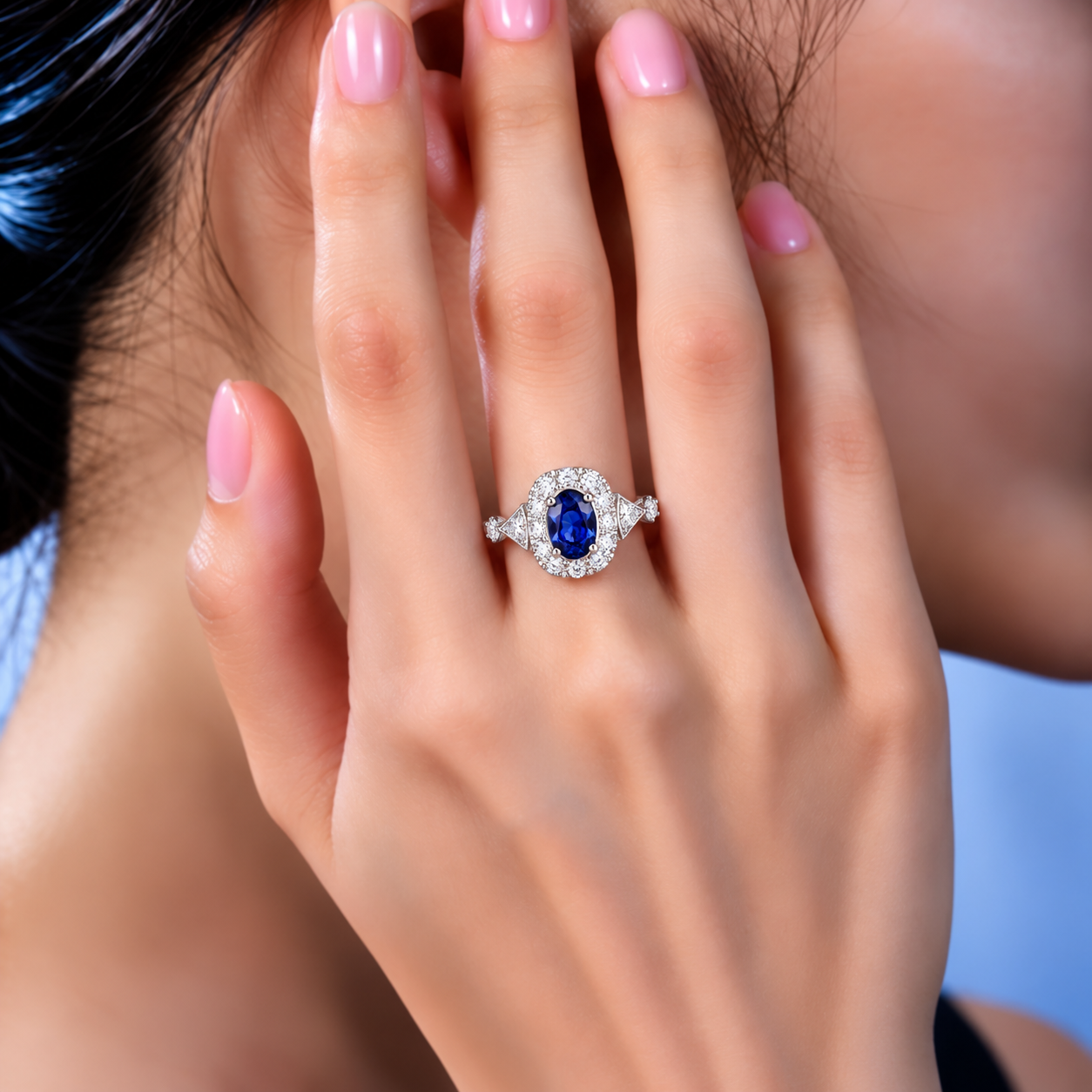 Halo setting oval cut  lab grown sapphire engagement ring