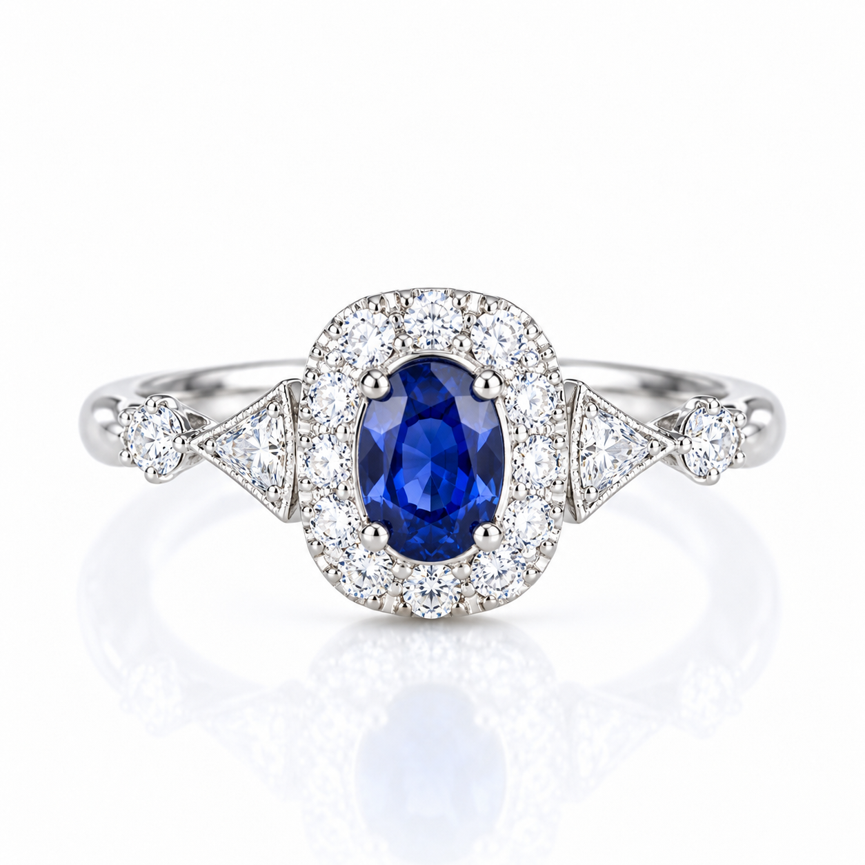 Halo setting oval cut  lab grown sapphire engagement ring