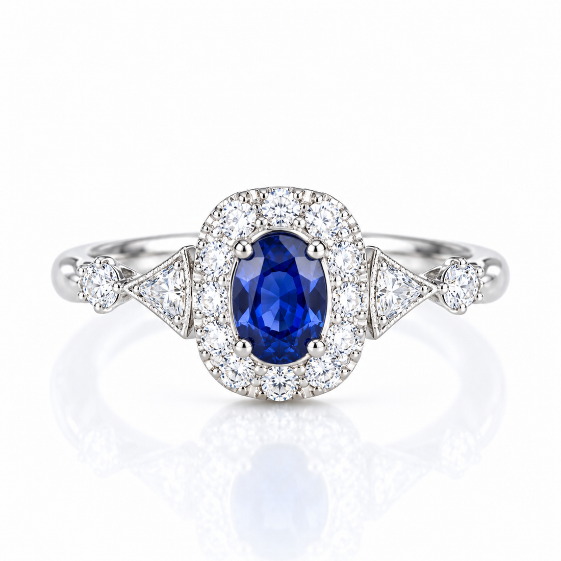 Halo setting oval cut  lab grown sapphire engagement ring
