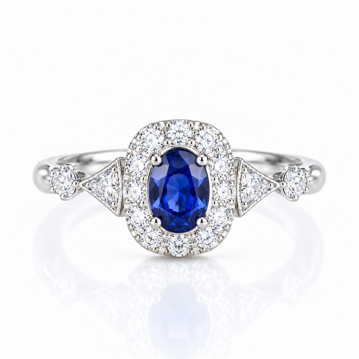 Halo setting oval cut  lab grown sapphire engagement ring