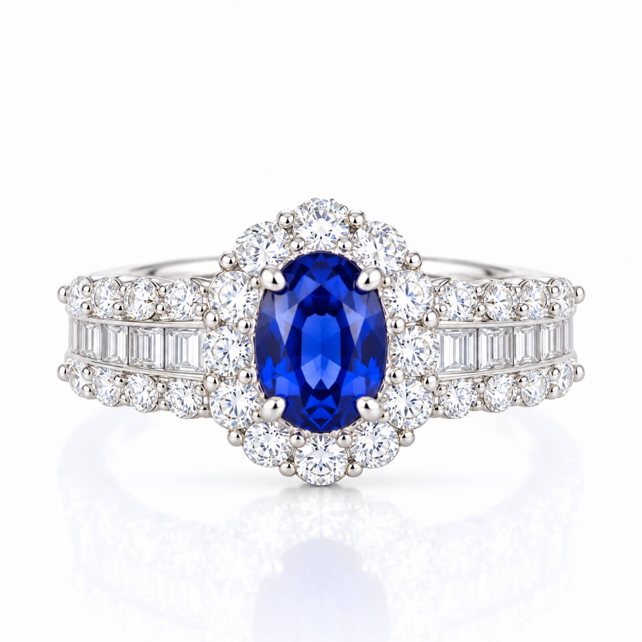 Halo setting oval cut  lab grown sapphire engagement ring