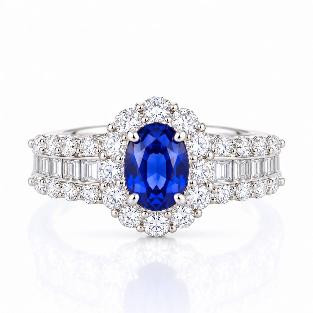 Halo setting oval cut  lab grown sapphire engagement ring