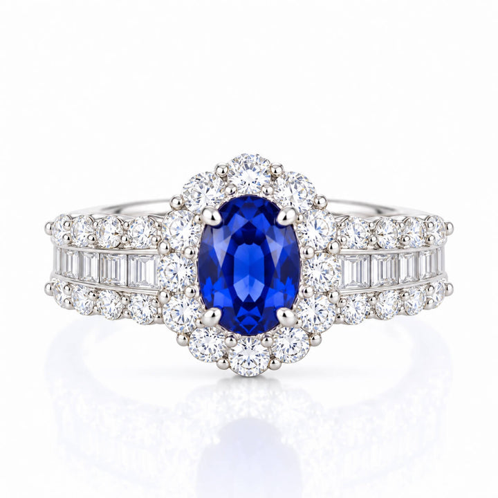 Halo setting oval cut  lab grown sapphire engagement ring