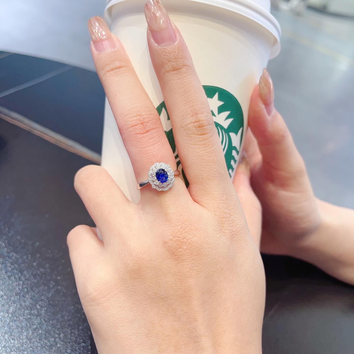 Halo setting oval cut  lab grown sapphire engagement ring