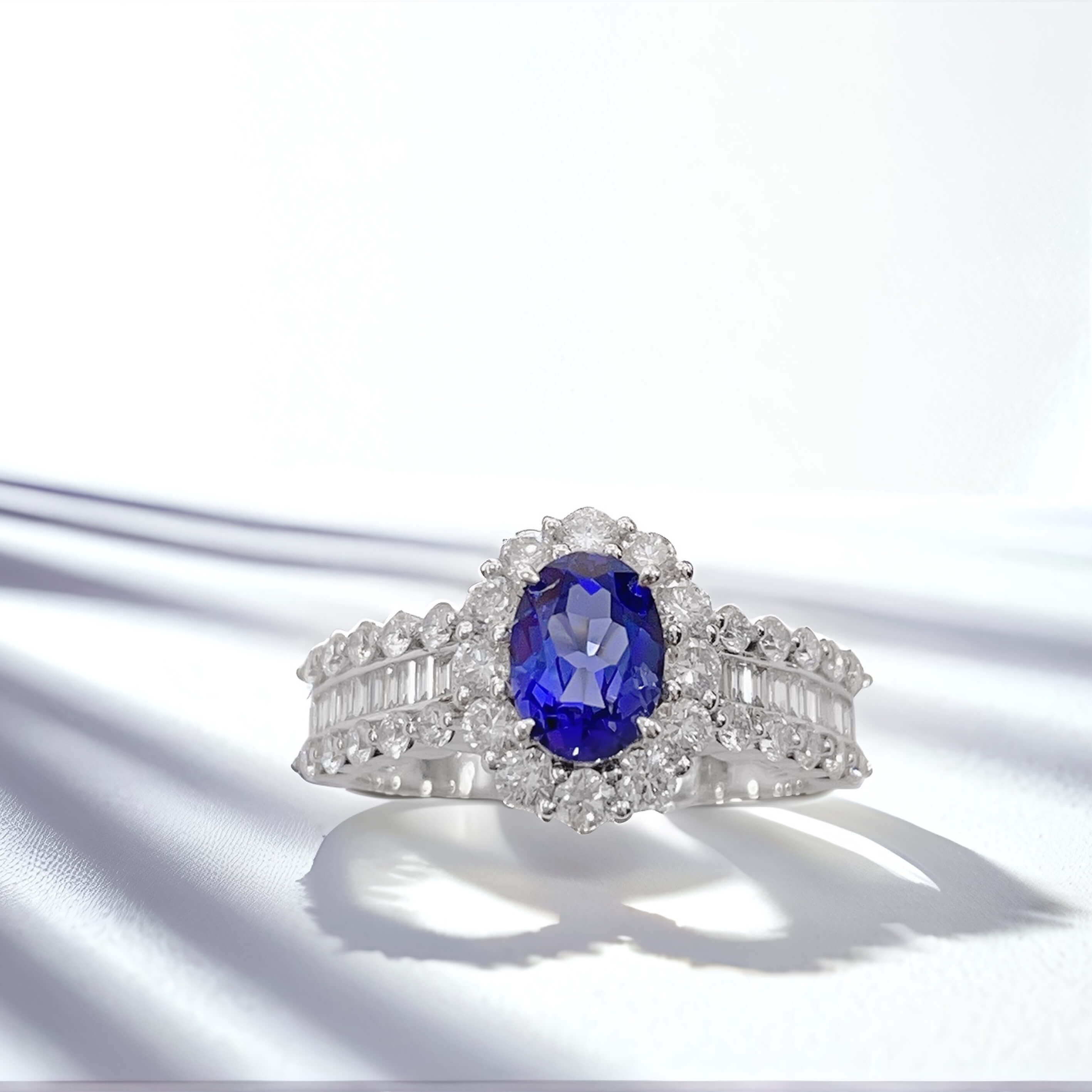 Halo setting oval cut  lab grown sapphire engagement ring