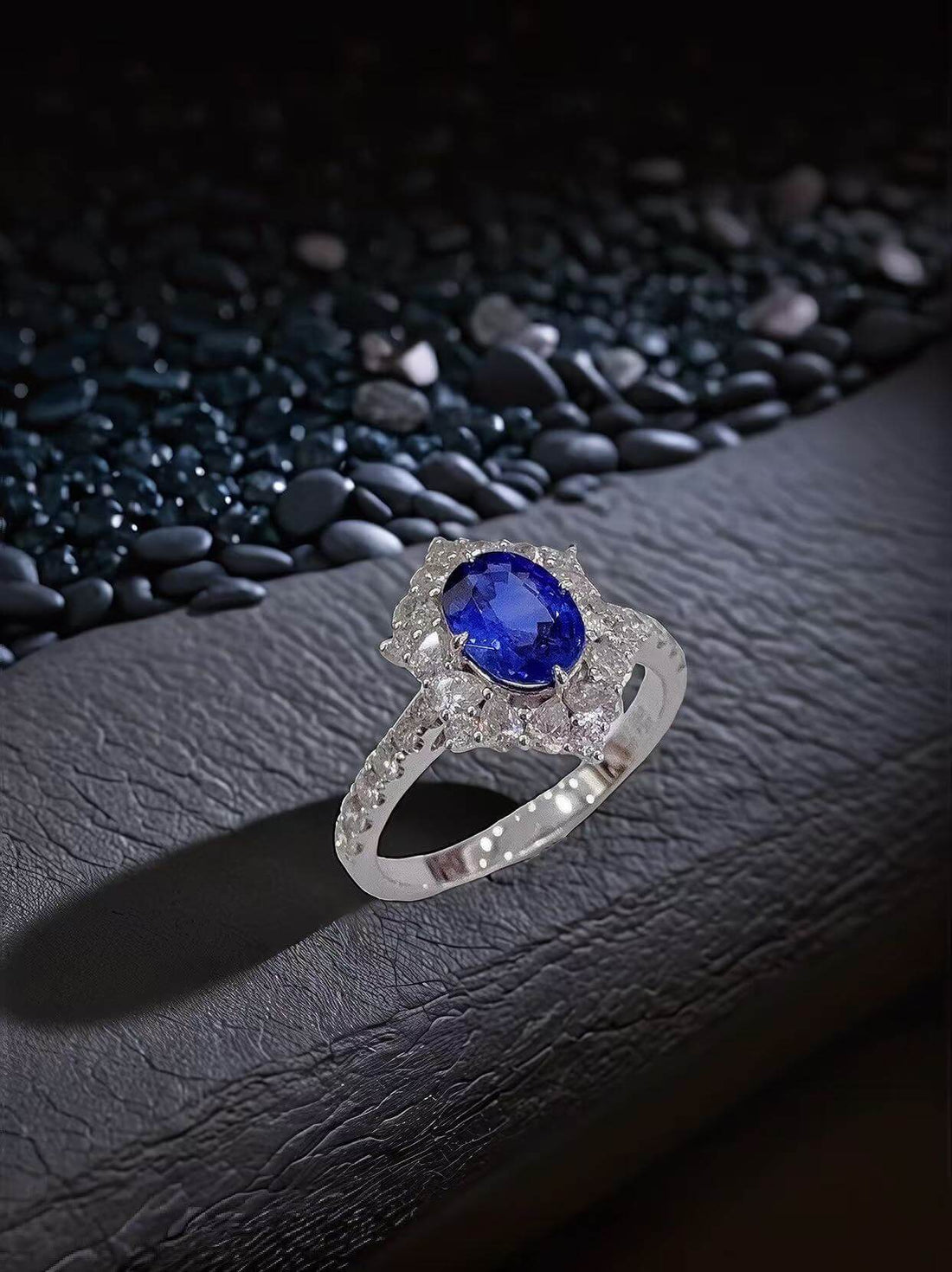 Halo setting oval cut  lab grown sapphire engagement ring