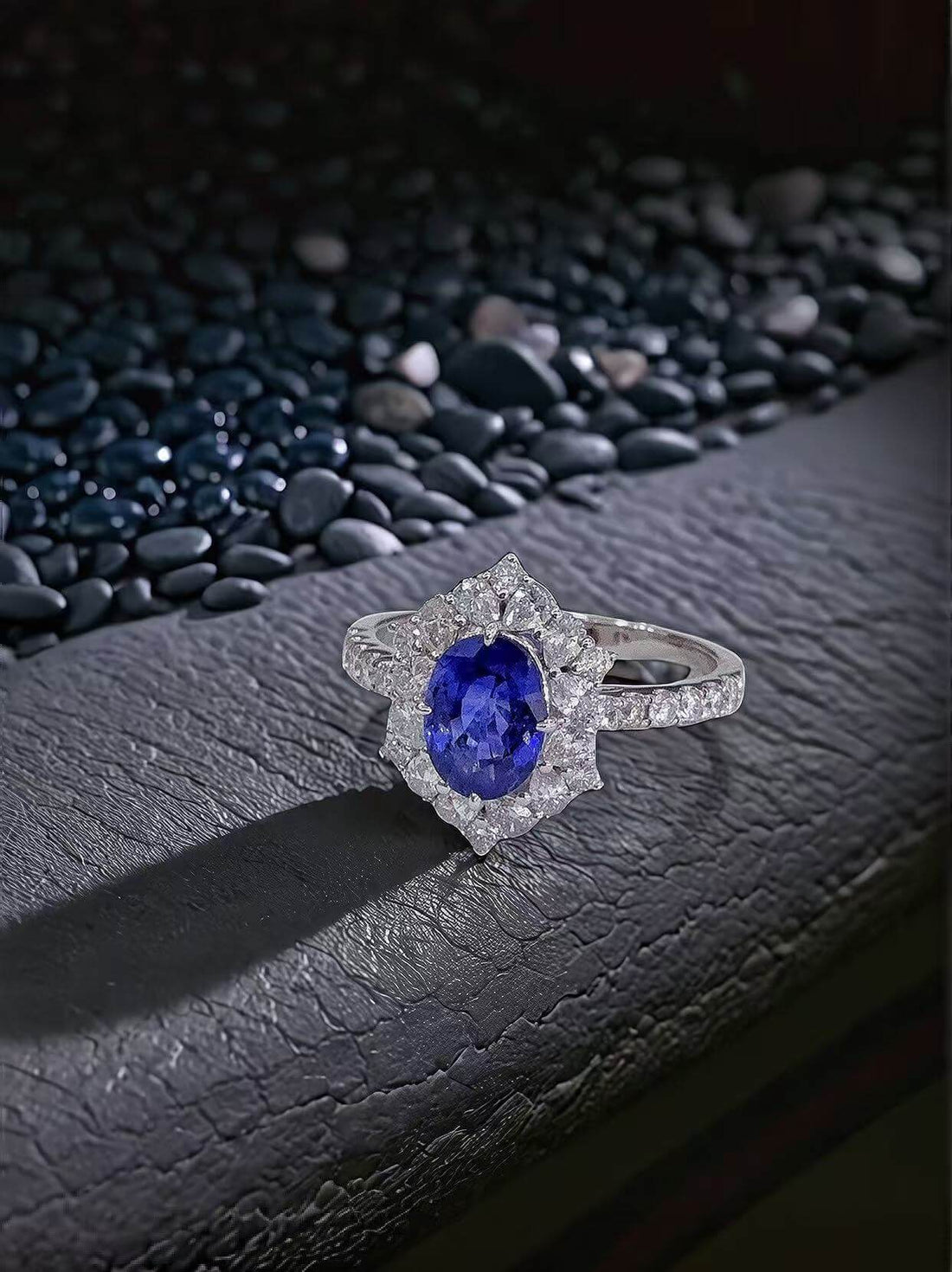 Halo setting oval cut  lab grown sapphire engagement ring