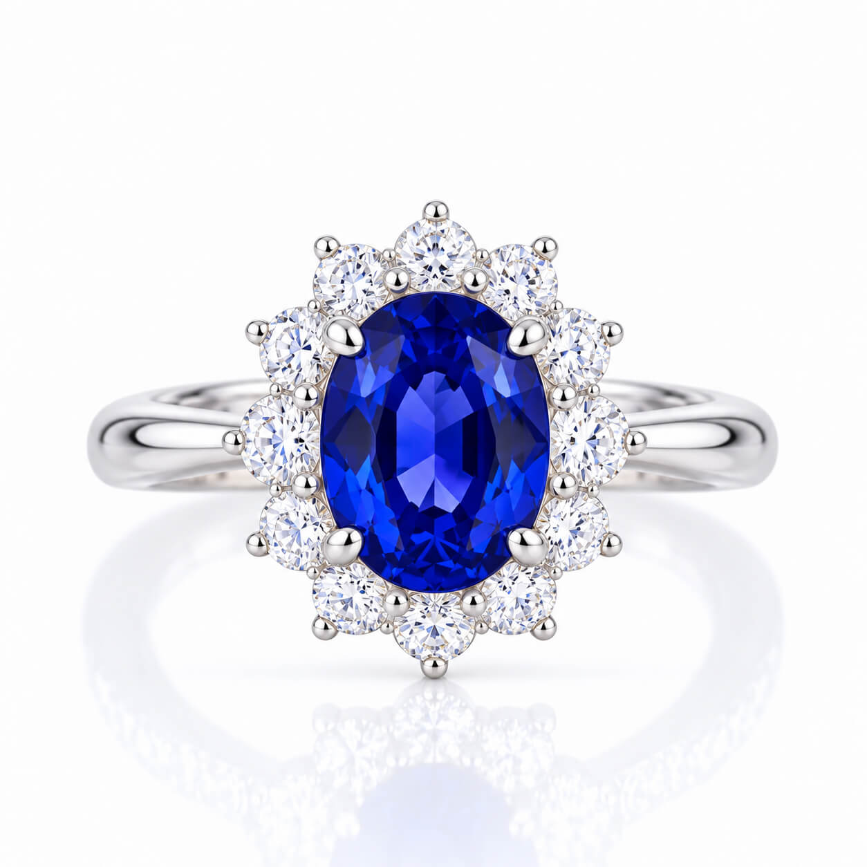 Halo setting oval cut  lab grown sapphire engagement ring