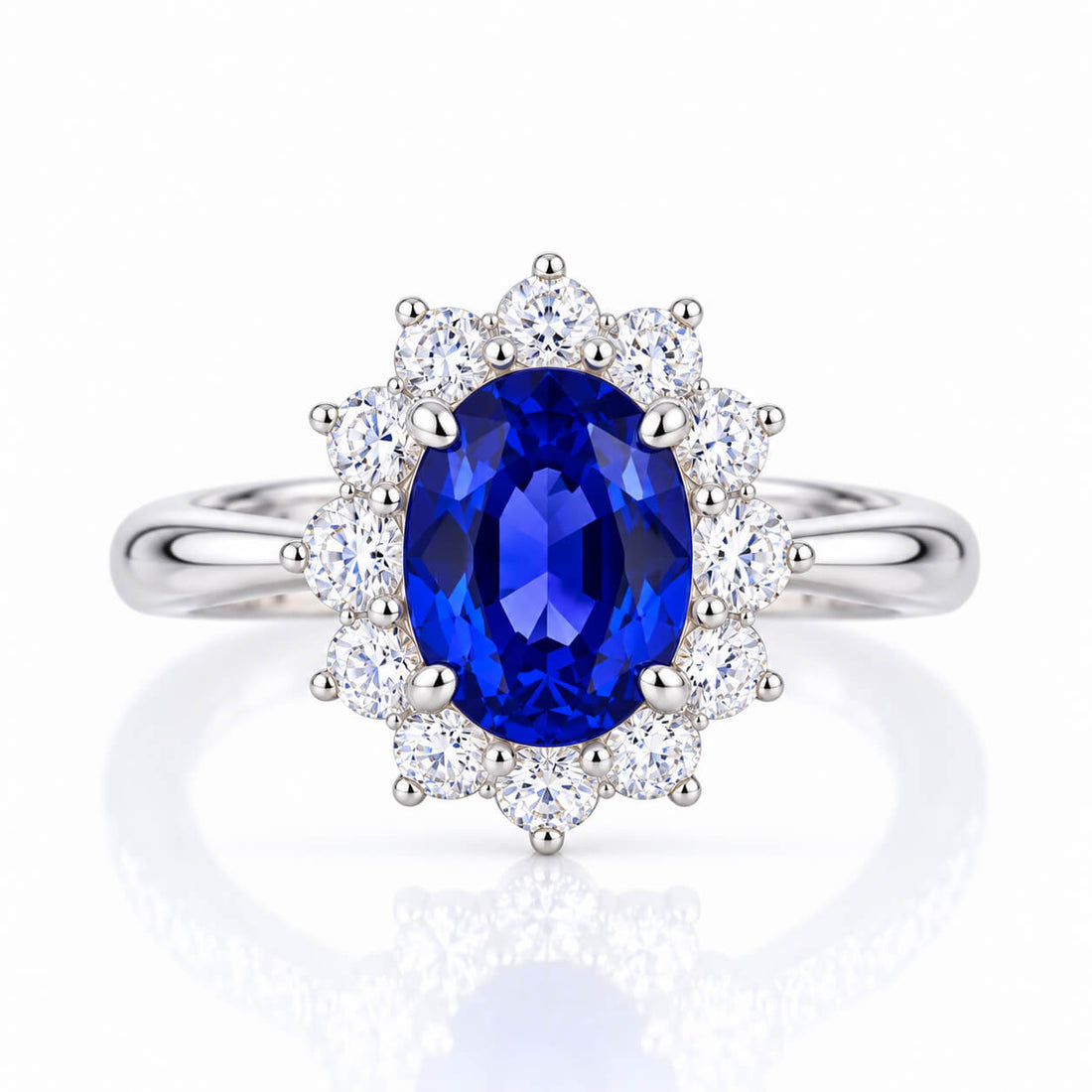 Halo setting oval cut  lab grown sapphire engagement ring