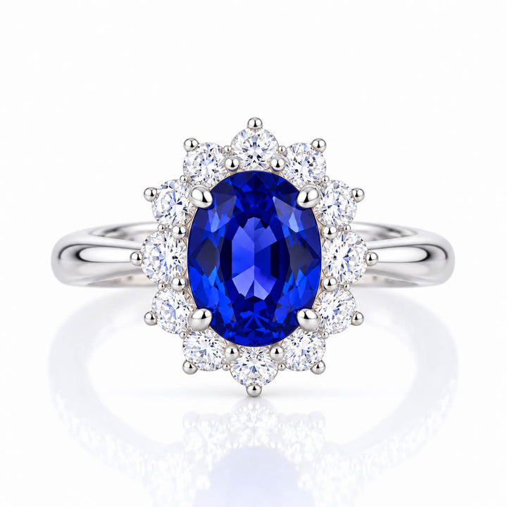 Halo setting oval cut  lab grown sapphire engagement ring