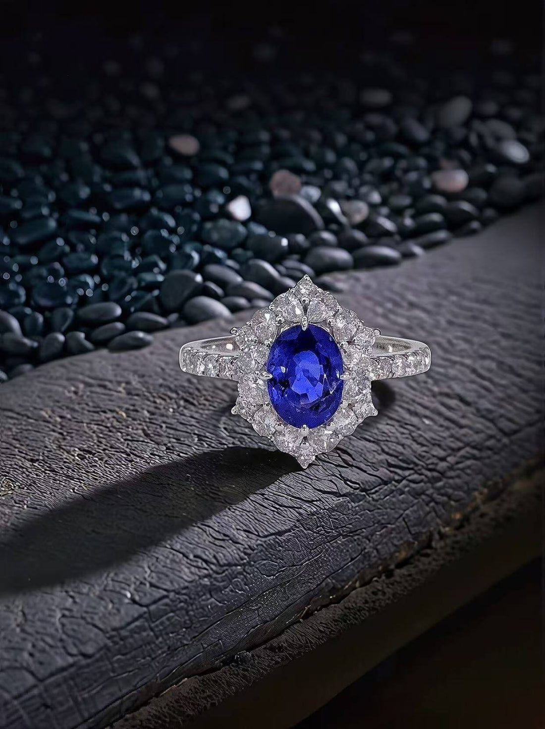 Halo setting oval cut  lab grown sapphire engagement ring