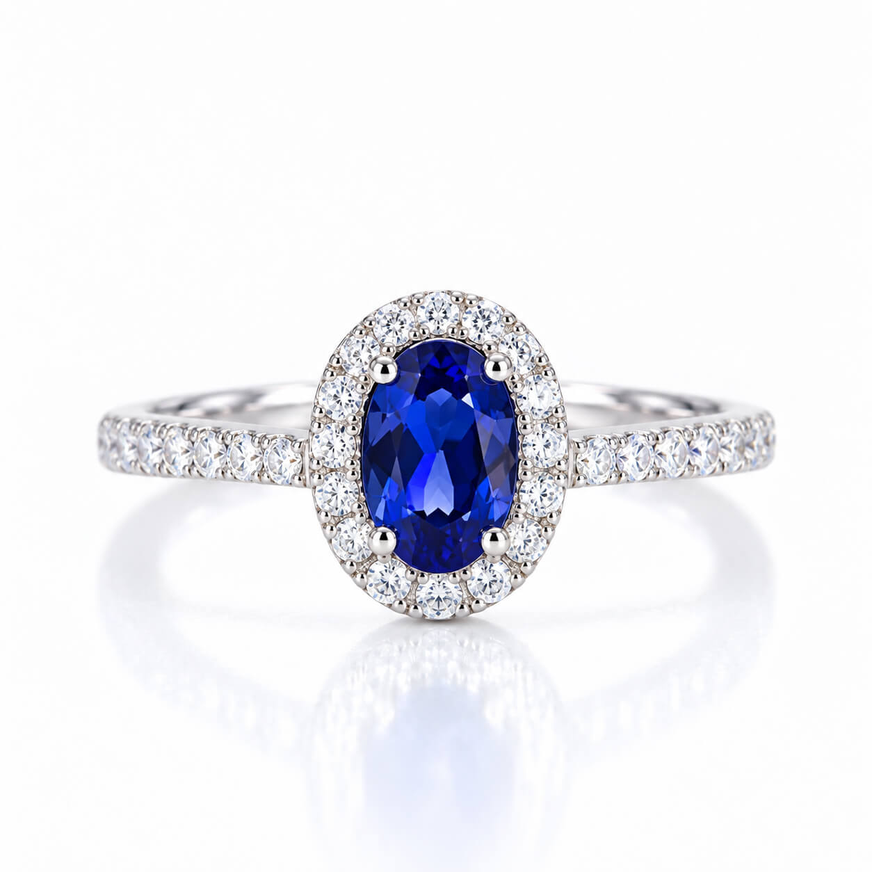 Halo setting oval cut  lab grown sapphire engagement ring